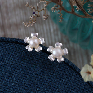 Pearl Centre Flower Stud Earrings - sterling silver-NuNu jewellery