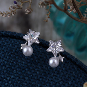 Crystal Star with Pearl Stud Earrings - sterling silver-NuNu jewellery